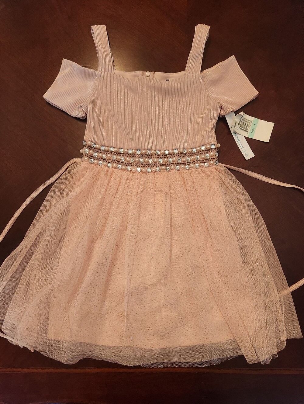 Girls Pink Sparkle Party Dress with Pearl/beaded Waist